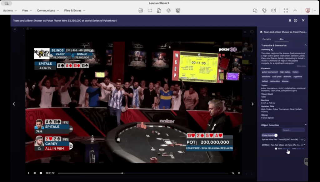 Screen capture from Perifery Vision showing the AI-generated metadata (on the right pane) of a poker game